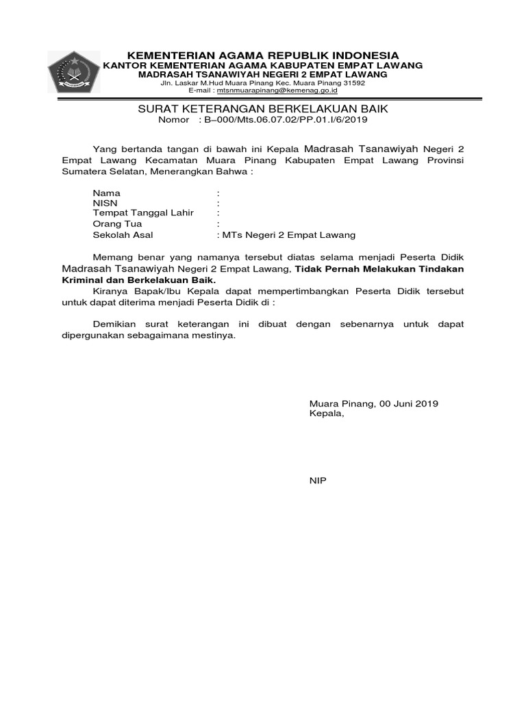 Contoh Format Surat Kelakuan Baik Dari Sekolah