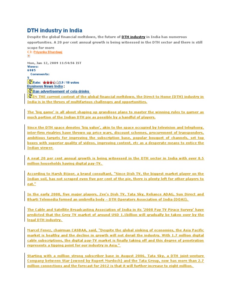 DTH Industry in India | PDF | Satellite Television | Pay Television