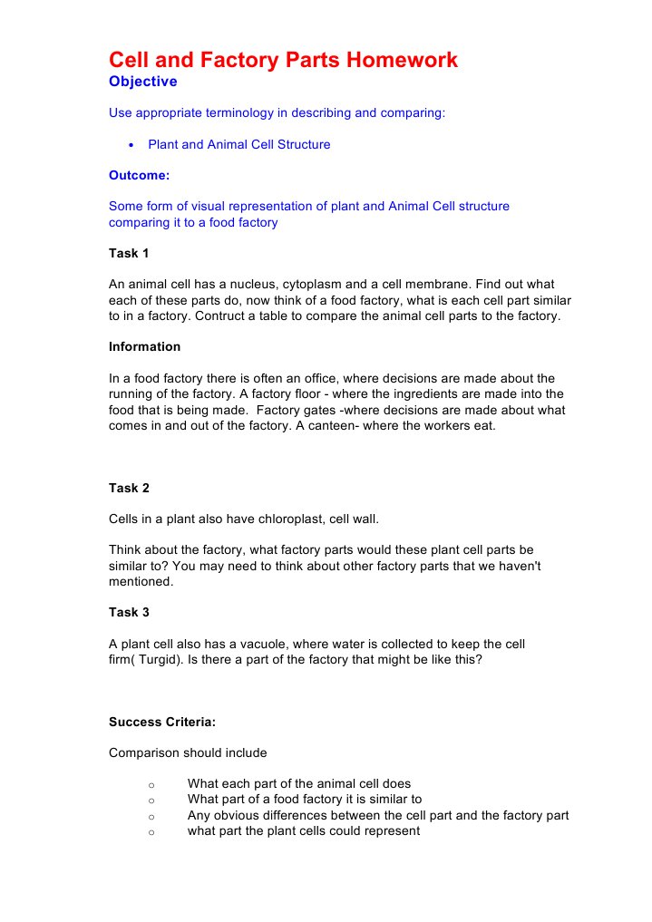 Cell and Factory Parts Homework | PDF