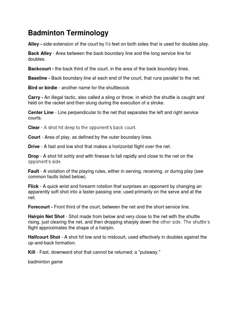 Badminton Terminology PDF Racquet Sports Athletic Sports