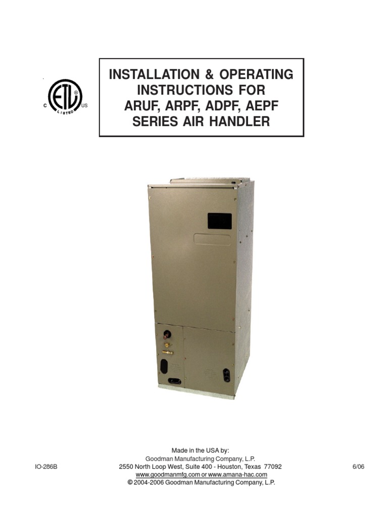 Goodman ARUF Air Handler Installation Instructions PDF Duct (Flow