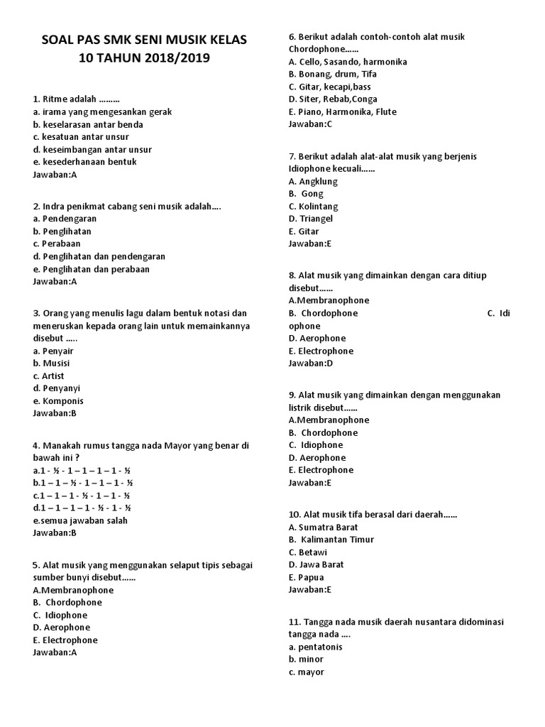 5 Soal Uas Seni Musik Smk Kelas 10 K13 Semester 1