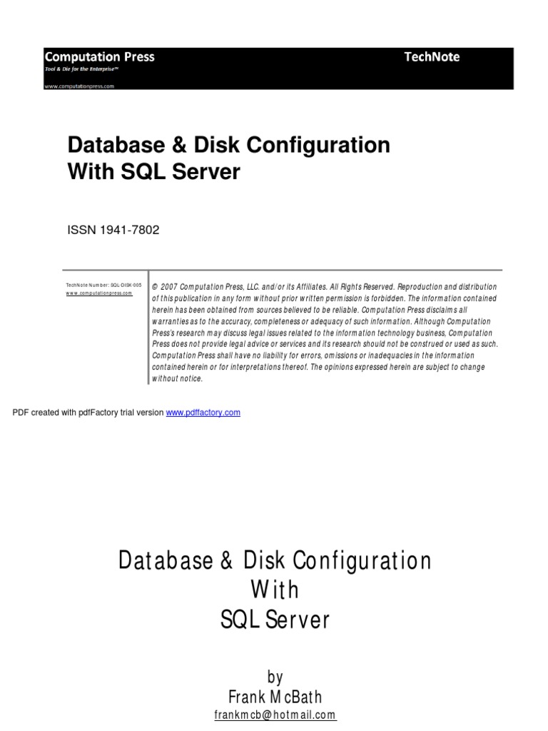 Database & Disk Configuration With SQL Server ISSN 19417802 PDF