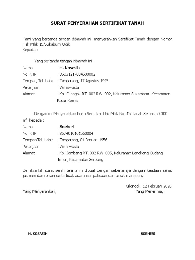 Contoh Surat Serah Terima Dokumen Sertifikat Tanah – ID.Lif.co.id