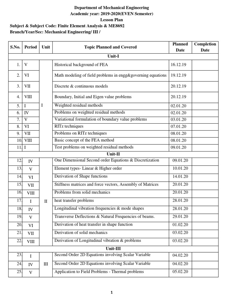 FEA Lesson Plan for ME8692 | PDF | Finite Element Method | Mathematical ...
