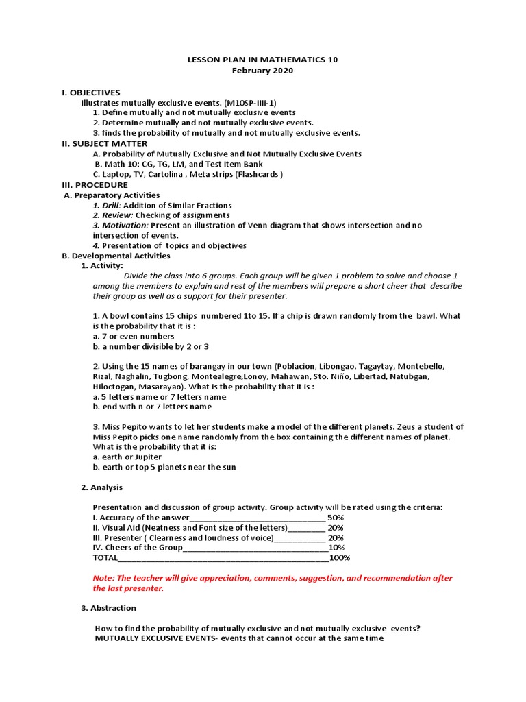 Lesson Plan Mutually Exclusive Probability - For Merge | PDF ...