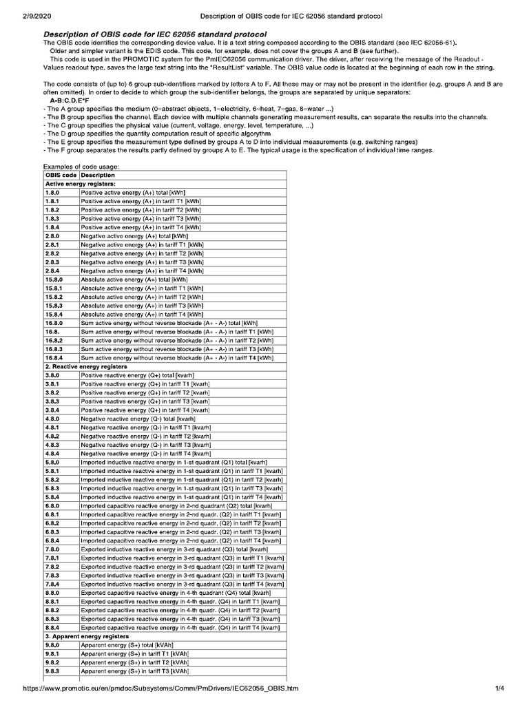 OBIS Codes for Energy Meters | PDF
