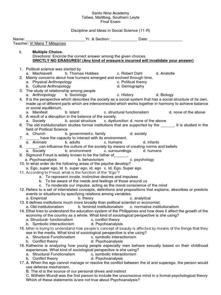 Social Science Final Exam Guide | PDF | Id | Psychoanalysis