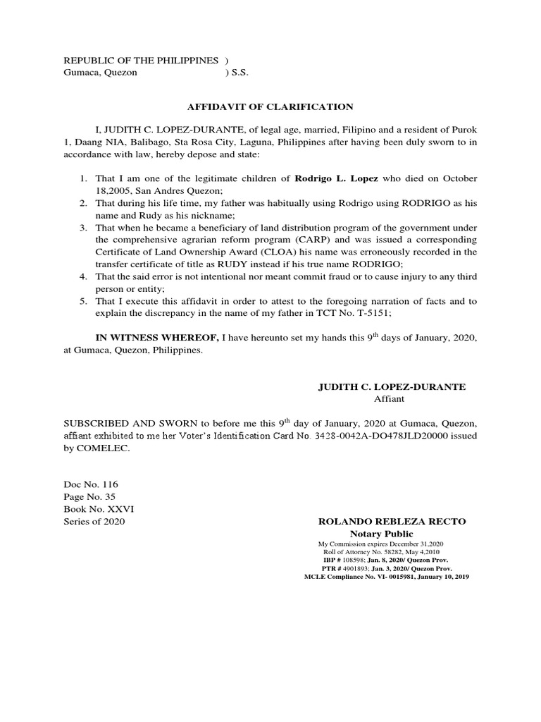 Affidavit of Clarification | PDF | Affidavit | Civil Law (Common Law)