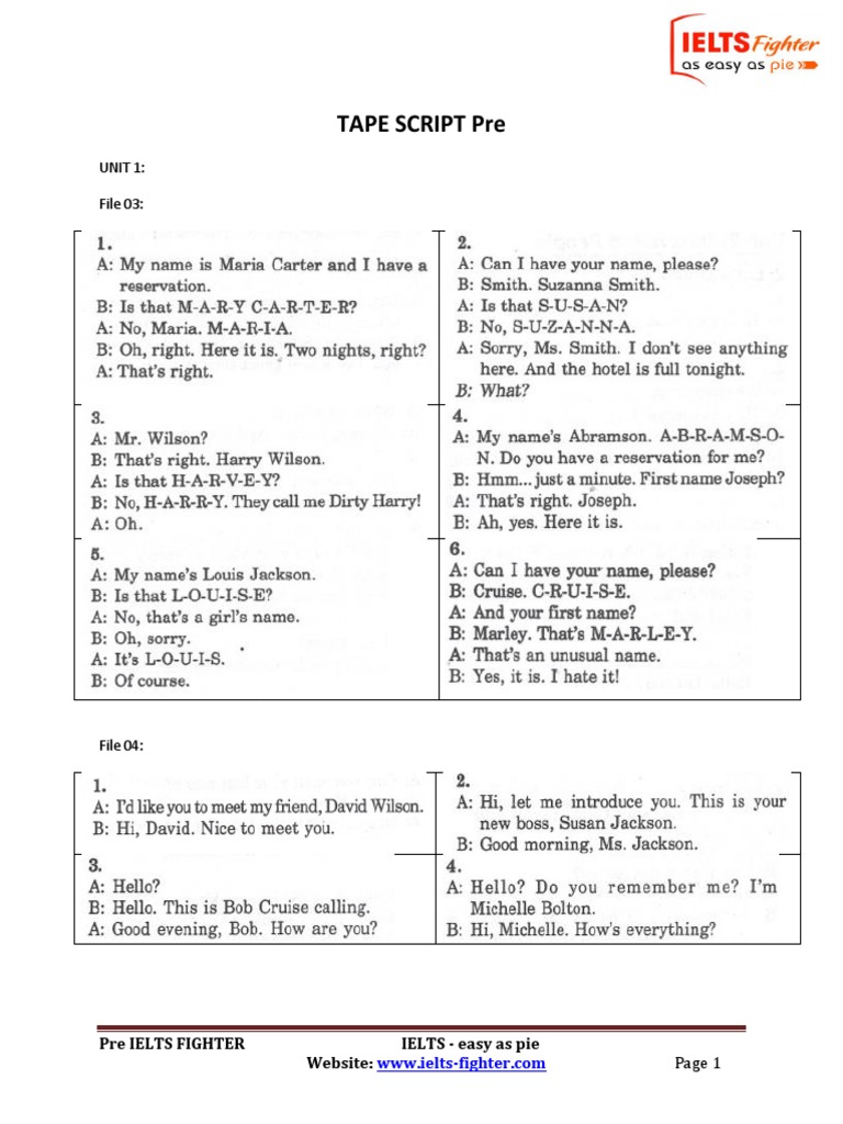 TAPESCRIPT-Pre - Listening Giáo Trình | PDF | Dinner | Meal