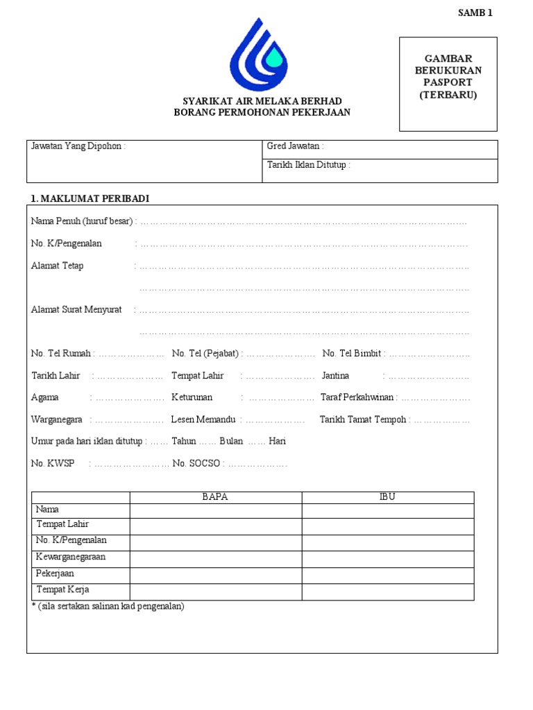 Borang Jawatan Kosong Samb Pdf