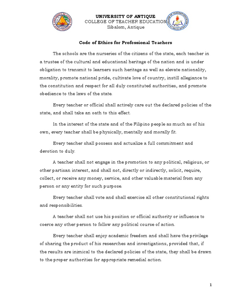Code Of Ethics For Professional Teachers Pdf Teachers Curriculum