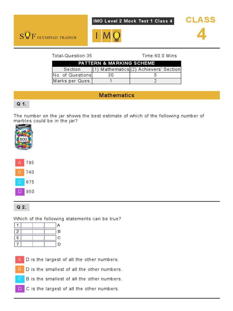 Class 4 IMO Level 2 Mock Test 1 | PDF | Fraction (Mathematics ...