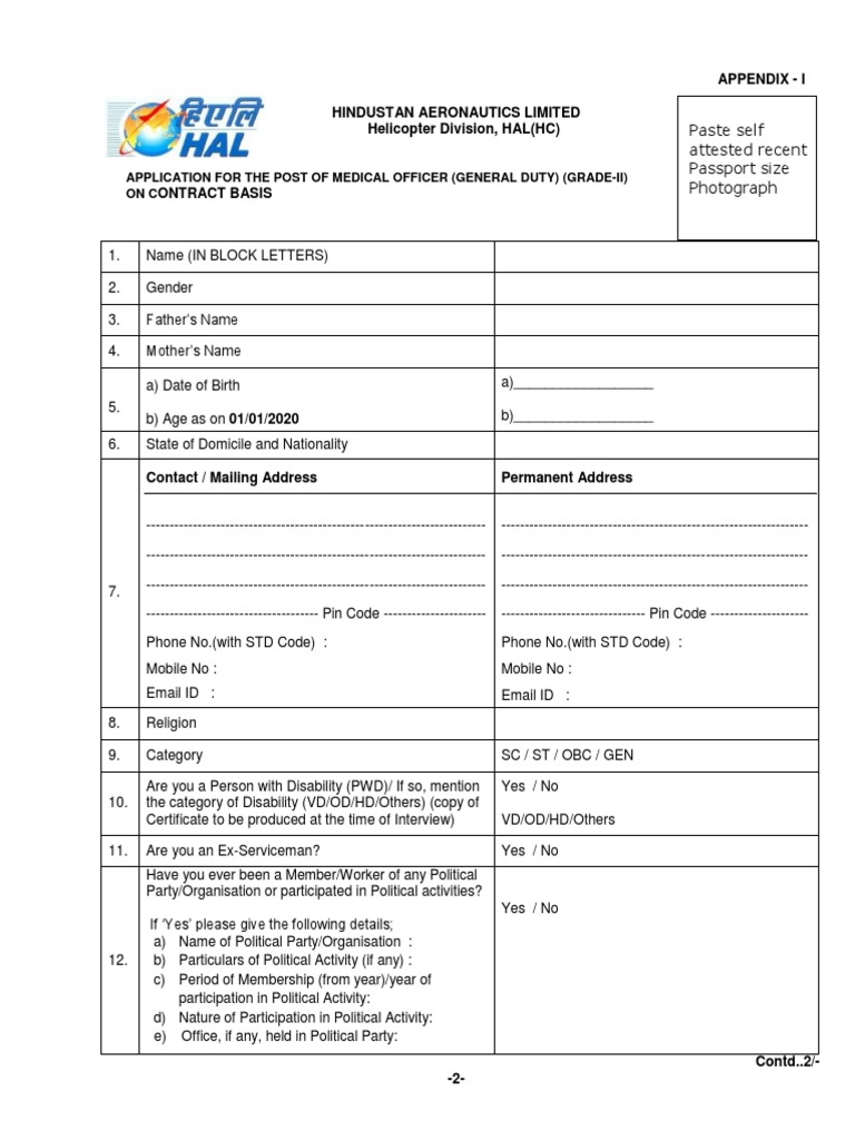 HAL Medical Officer Application Form | PDF | Business