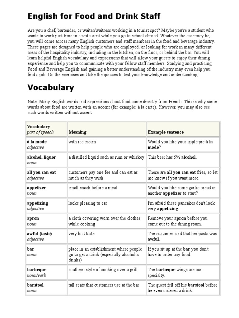 English for Food and Drink Staff: A Guide to Help Hospitality Workers ...