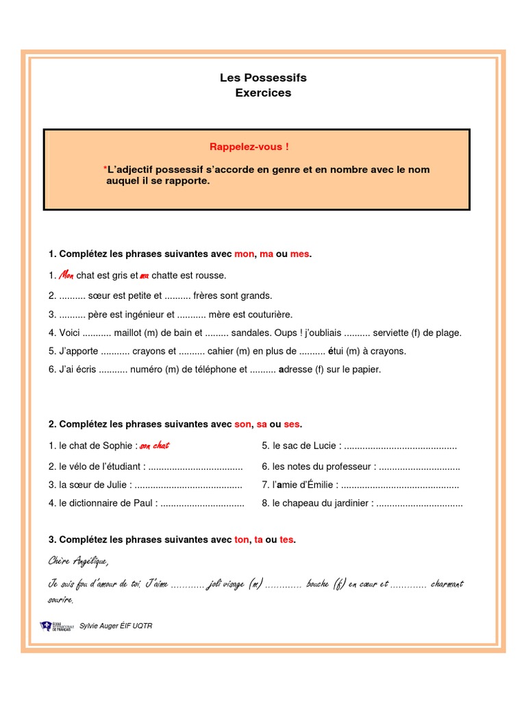 Les Adjectifs Possessifs Exercices Corrigés Les Possessifs Exercices Et Corrigé Niveau Débutant | PDF