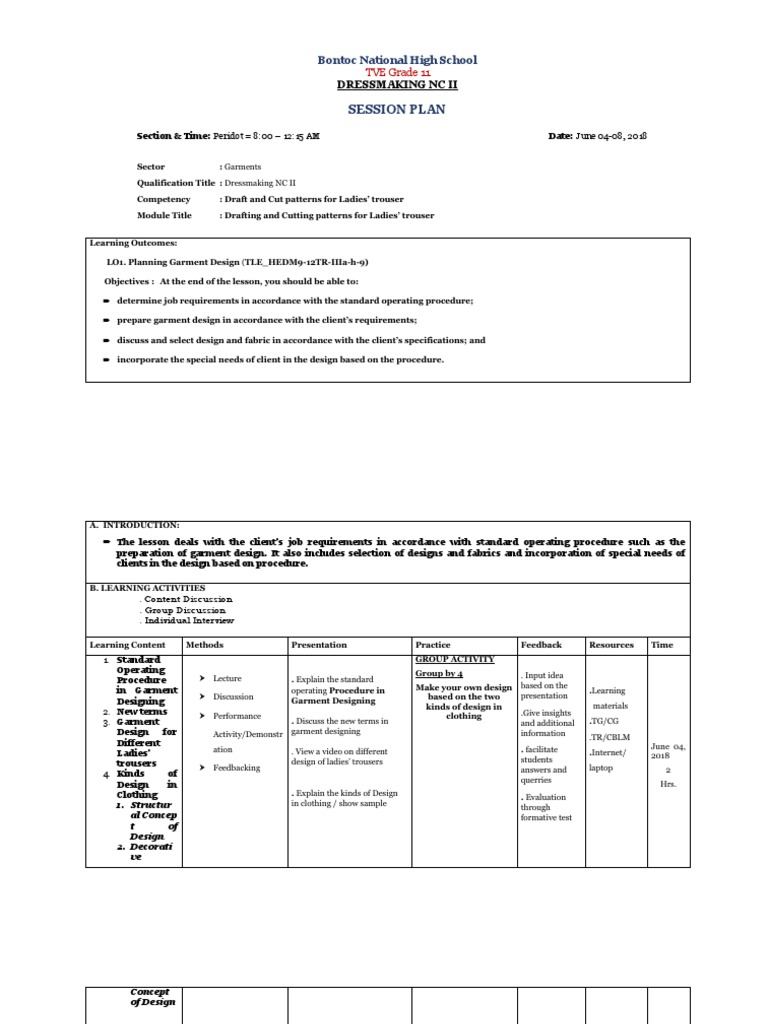 Pagnitoan Session Plan For g11 Dressmaking PDF Test (Assessment) Clothing