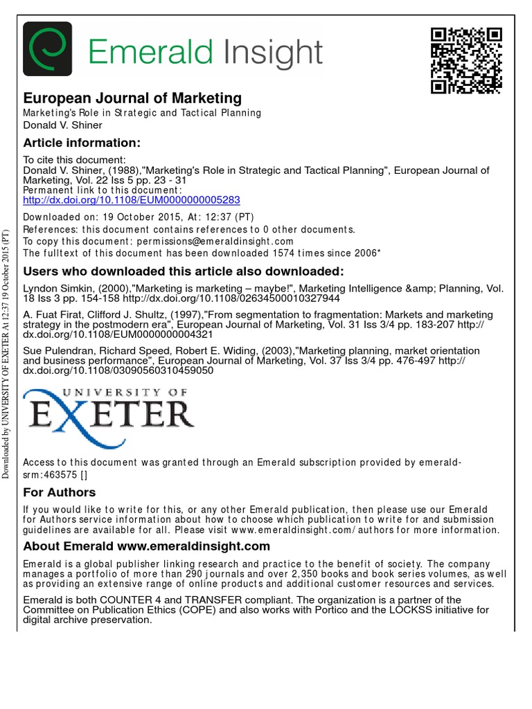 Shiner 1988 PDF Strategic Management Marketing Strategy