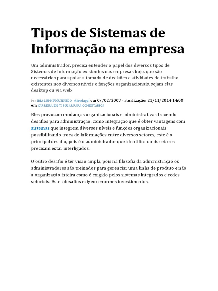 Tipos de Sistemas de Informação Empresariais | PDF | Sistema de ...