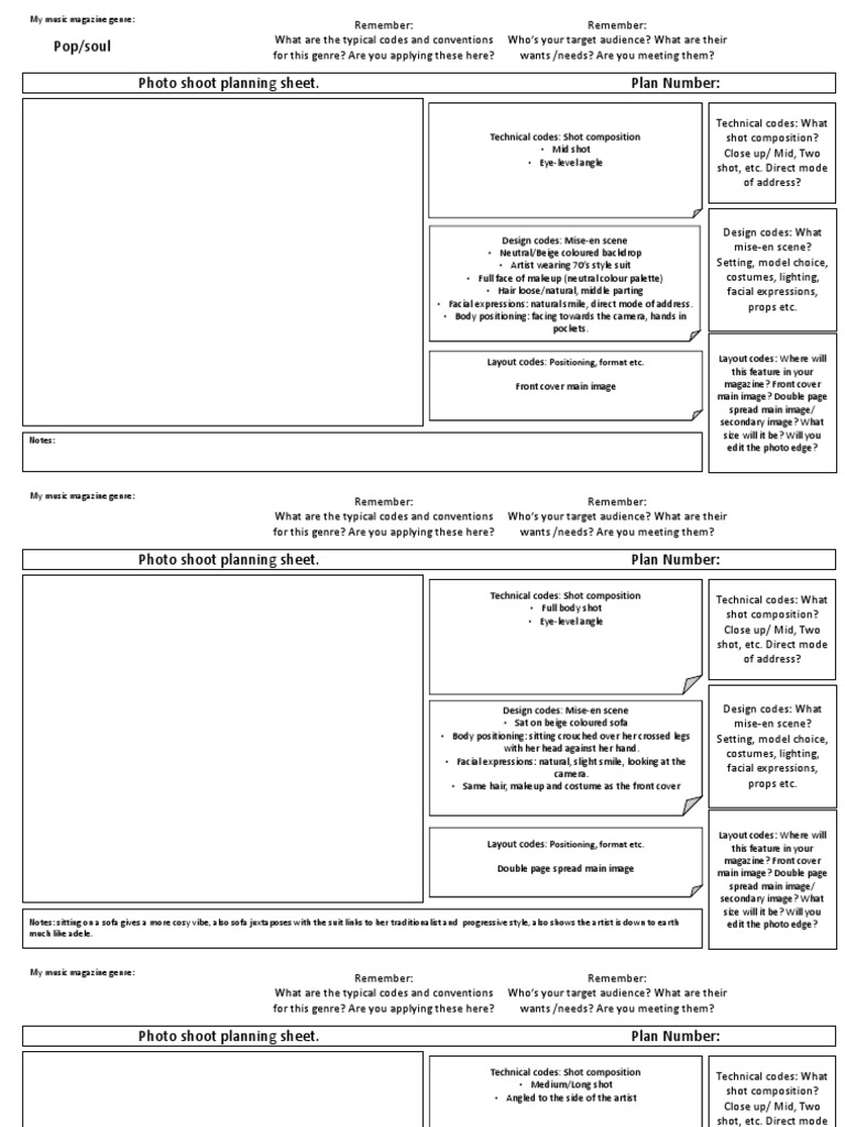 Photoshoot Planning Sheet PDF Camera Genre