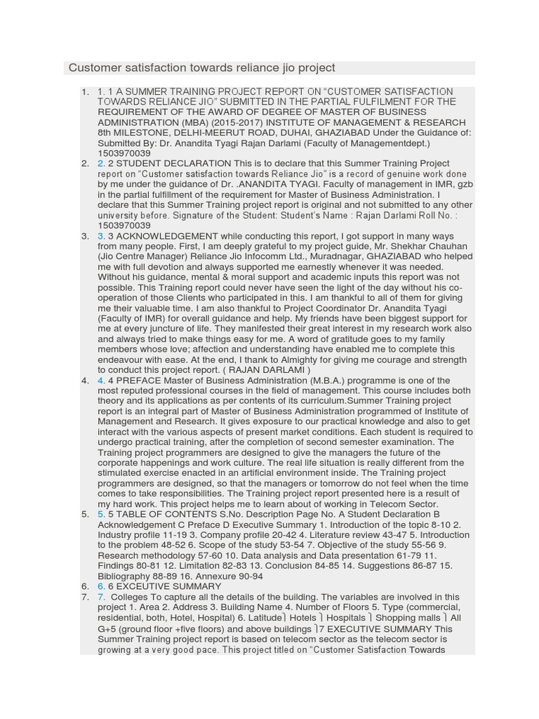 Customer Satisfaction Towards Reliance Jio Project | PDF | Gsm | Mobile ...