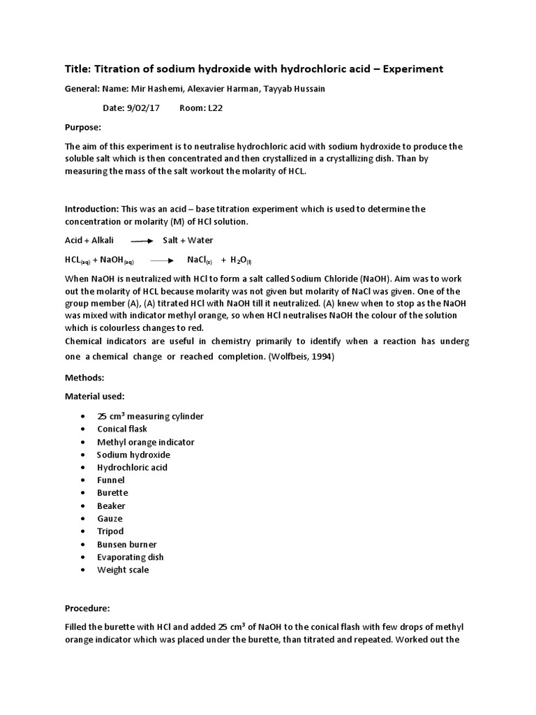 NaOH and HCl Titration Experiment | PDF | Sodium Hydroxide ...