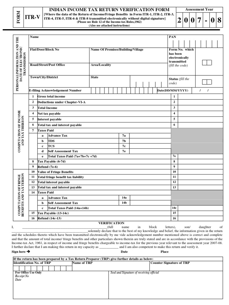 ItrV Indian Tax Return Verification Form PDF Public Finance Taxes