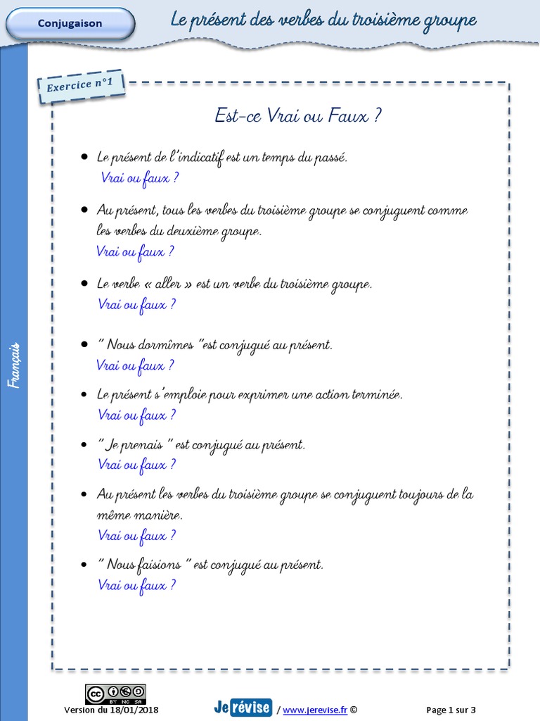 Les Groupes De Verbes Exercices Corrigés Pdf Exercices Present Troisieme Groupe PDF | PDF | Conjugaison | Verbe