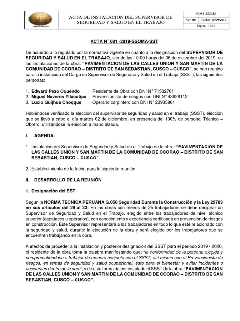 Acta #001 - para Supervisor de Seguridad y Salud en El Trabajo | PDF ...