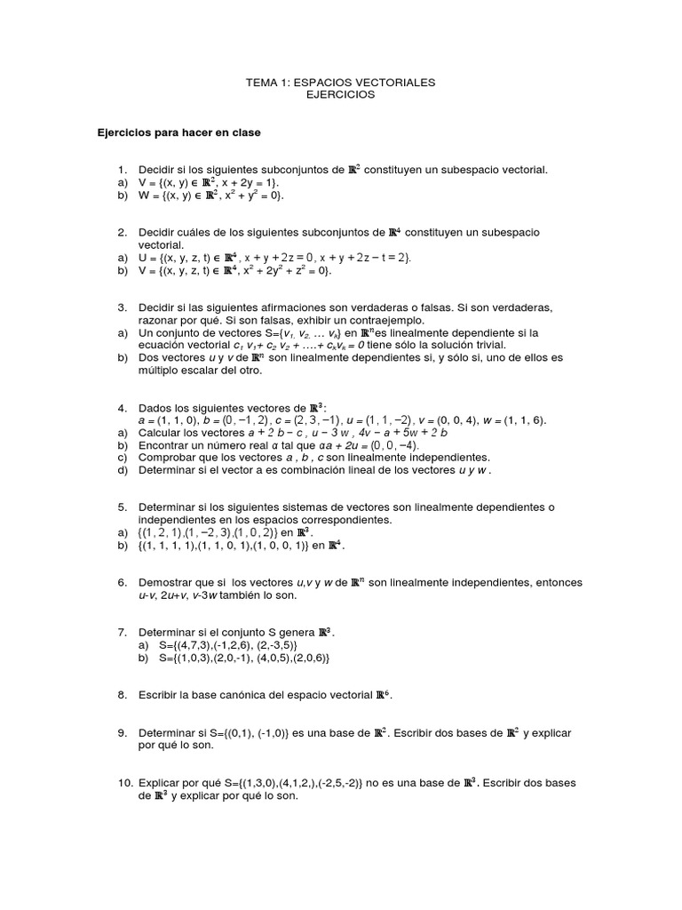Ejercicios Tema 1 Pdf Espacio Vectorial Base Algebra Lineal