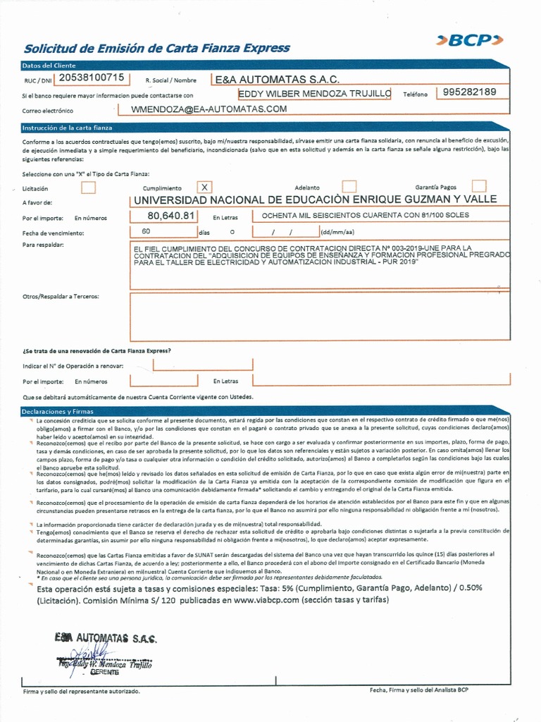 Solicitud De Emision De Carta Fianza Express Pdf Pdf