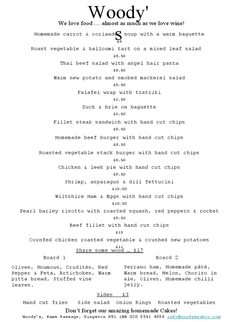 Delicious Food and Wine Menu at Woody's | PDF