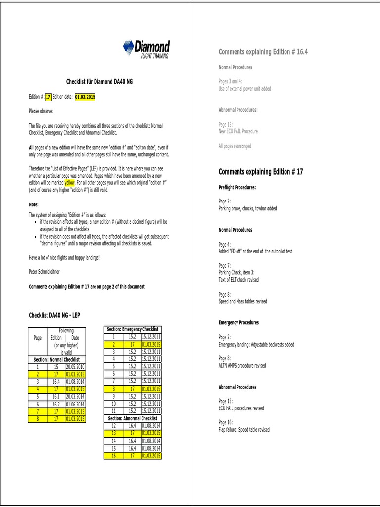 DA40 NG Checklist Edit17 A5-1-1 | PDF | Airplane | Engines