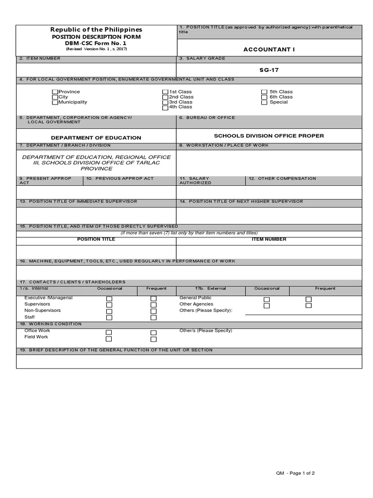 POSITION DESCRIPTION FORM CSC Revised 2017 Accountant I PDF