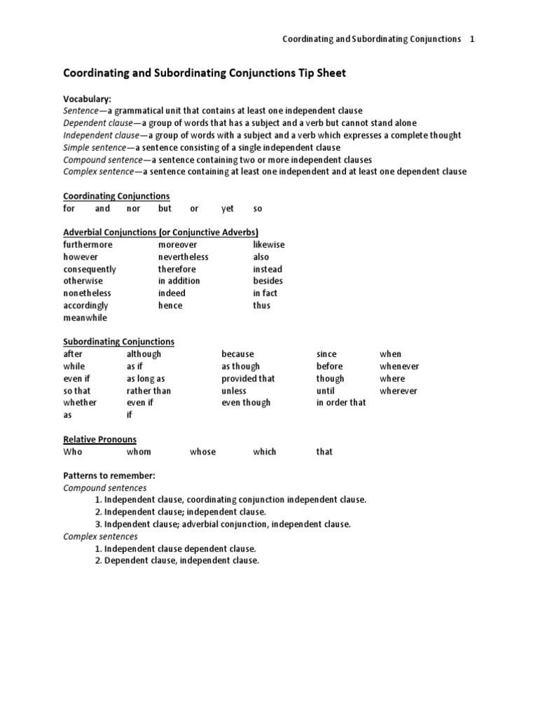 Coordinating and Subordinating Conjunctions | PDF | Clause | Sentence ...