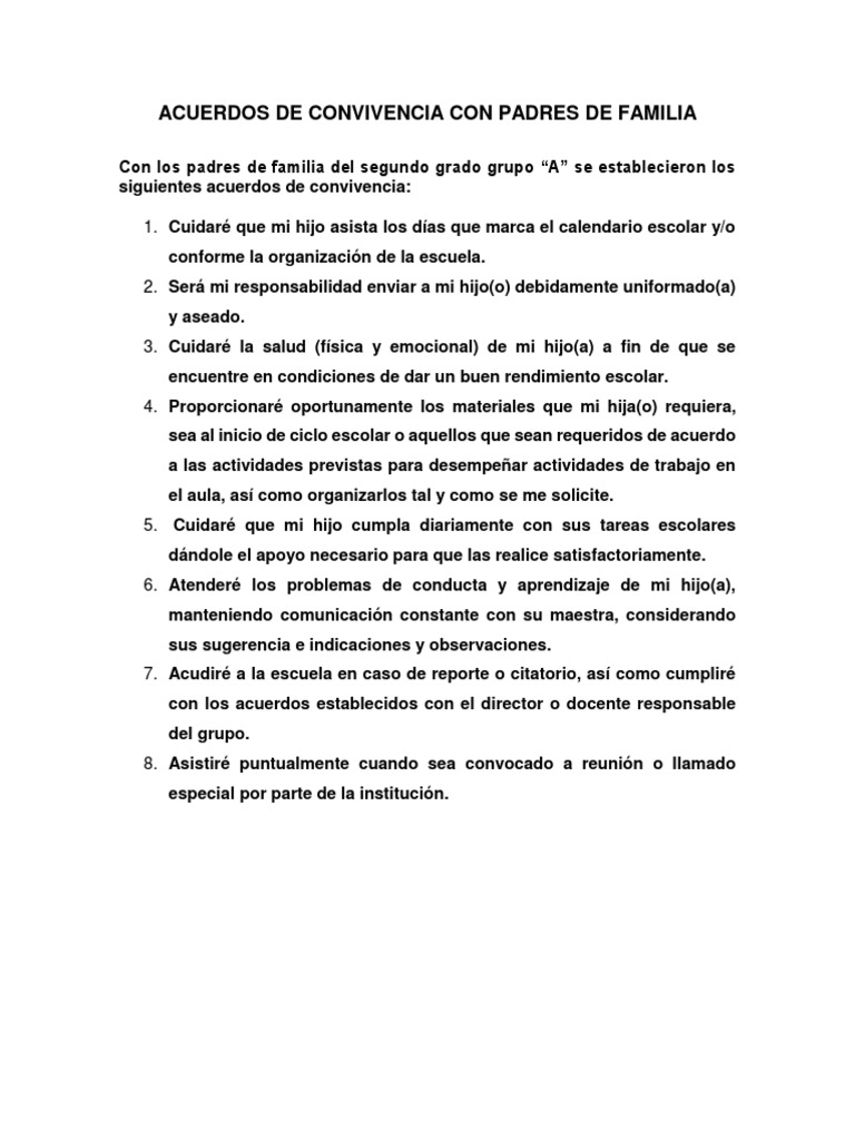 Acuerdos de Convivencia Con Padres de Familia | PDF | Salón de clases