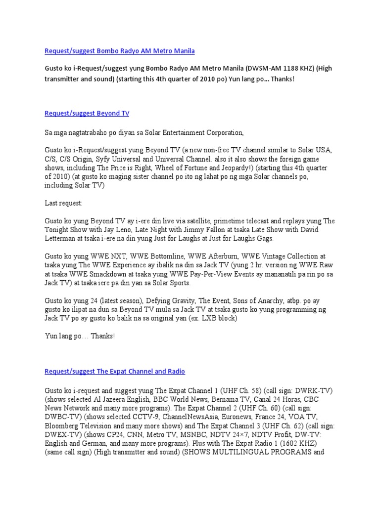 Media Channel Requests 2010 | PDF | Television | Radio