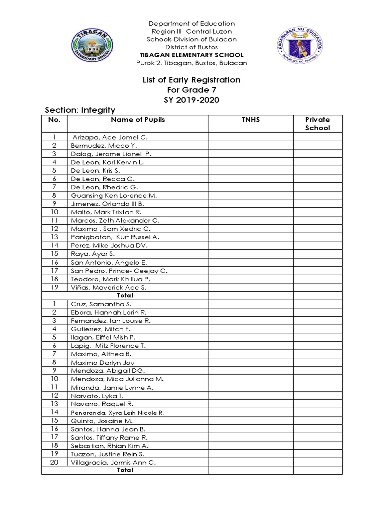 Grade 7 Early Registration List 2019-2020 | PDF