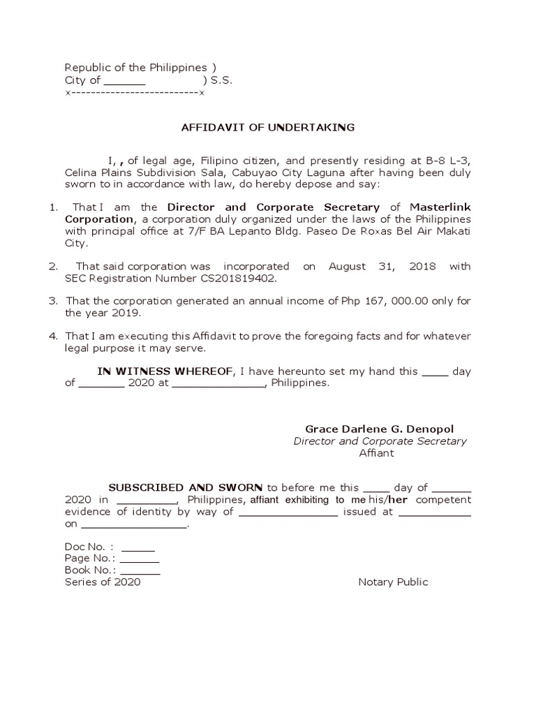 Affidavit of Undertaking Sample | PDF