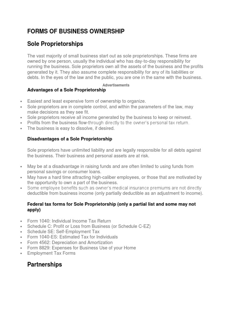 Forms of Business Ownership PDF Sole Proprietorship Partnership
