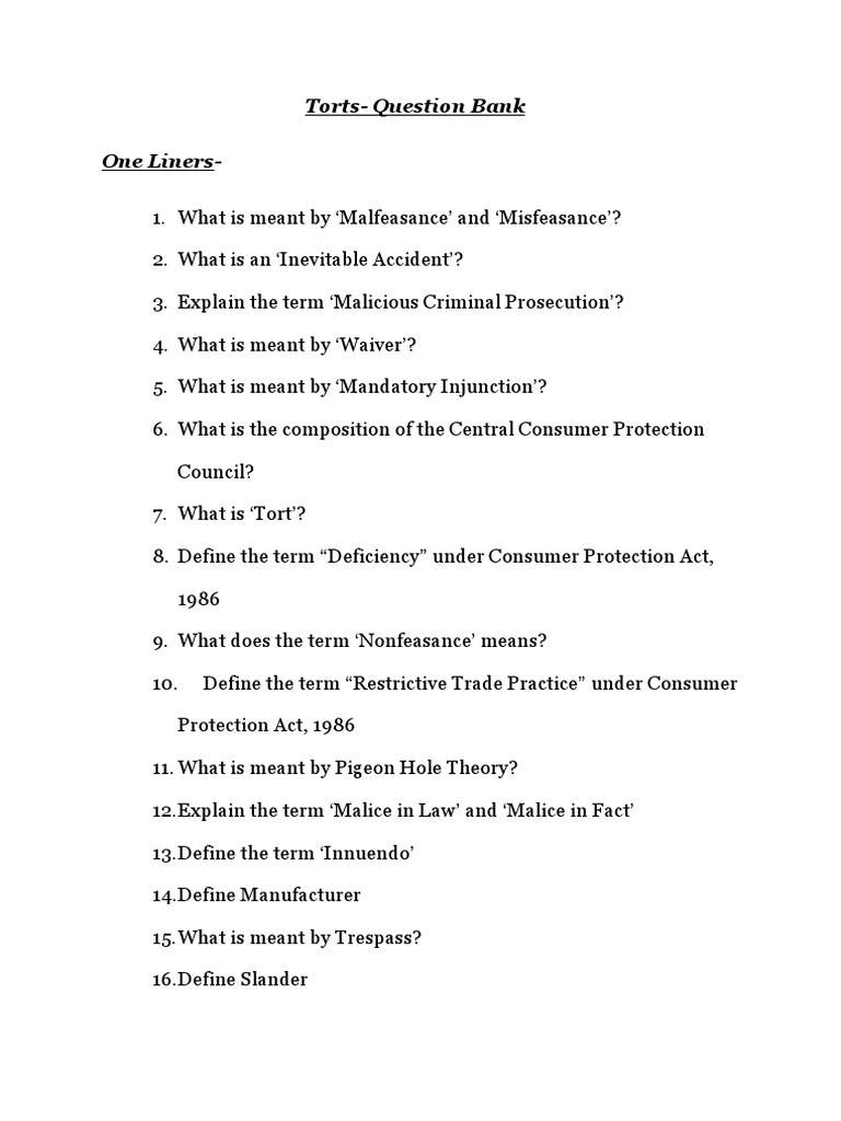 Law Of Torts Question Bank For 1st Sem Pdf Tort Comparative Law