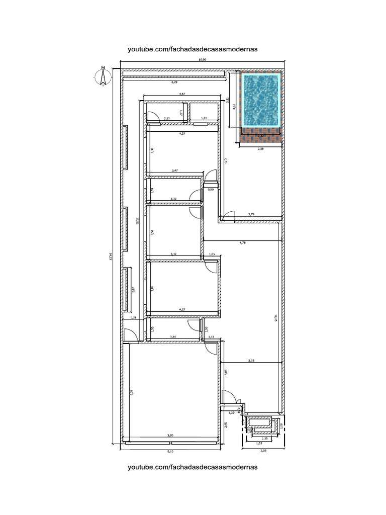 Plano de Casa para Terreno de 10x25 Metros Con 3 Dormitorios y Piscina | PDF