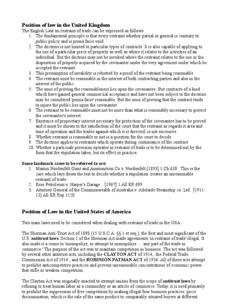 Restraint of Trade Laws Overview | PDF | Restraint Of Trade | United ...