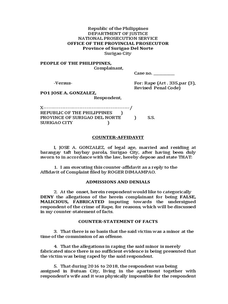 Counter Affidavit Statutory Rape PDF Rape Affidavit