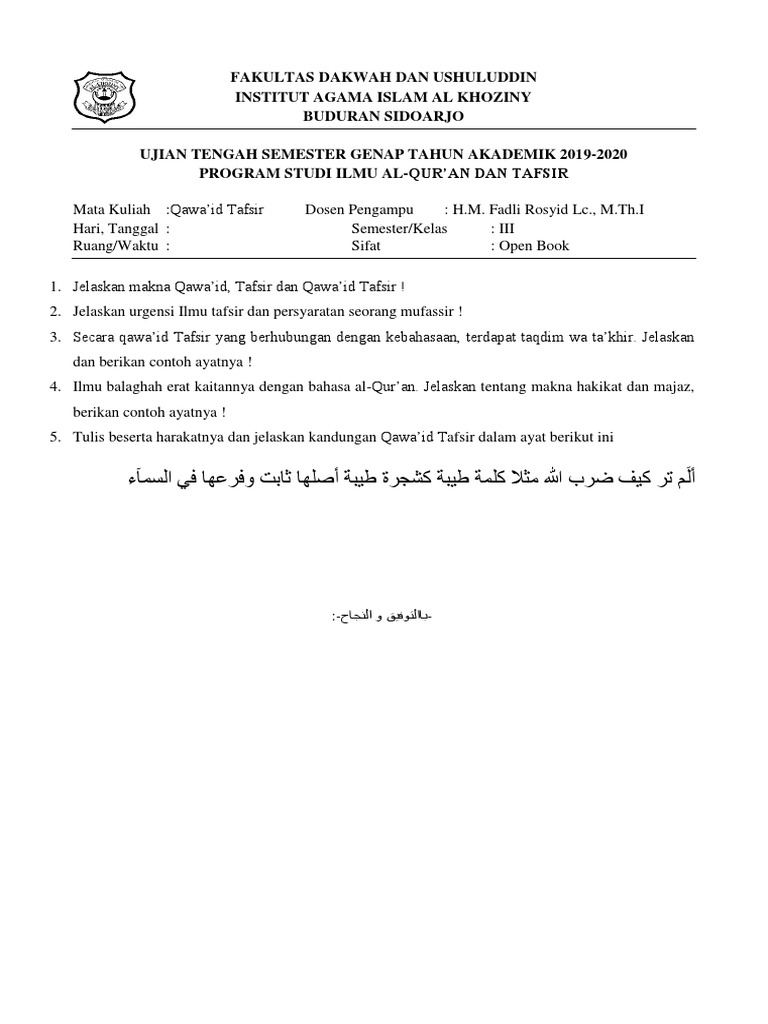 Soal Uts Metode Tafsir Soal Tuntas