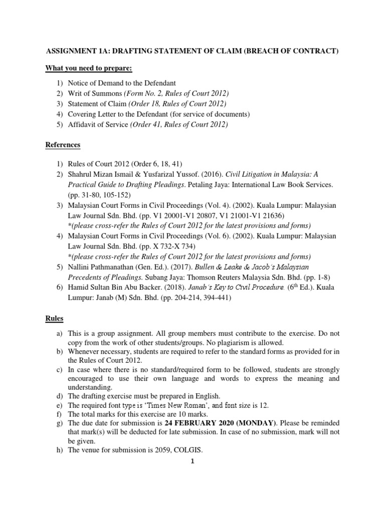 Assignment 1A Drafting Writ of Summons Statement of Claim (Breach of