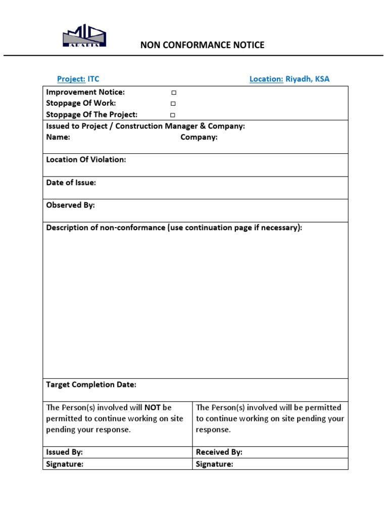 Non-Conformance Notice Template | PDF