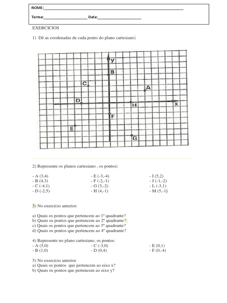 Exercícios de Plano Cartesiano 7º Ano | PDF