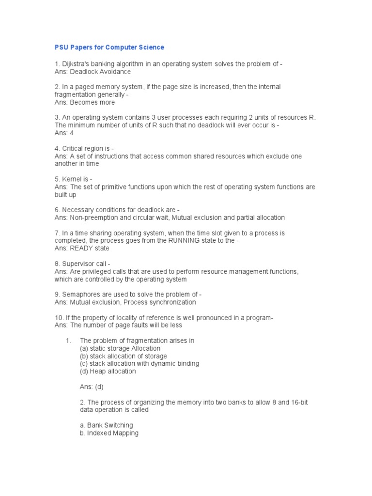PSU Computer Science Question Papers | PDF | Operating System ...