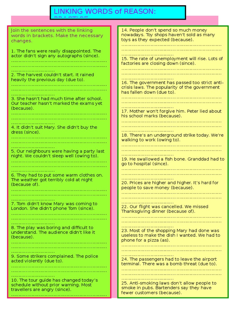 Exercises on Linking Words of Reason | PDF